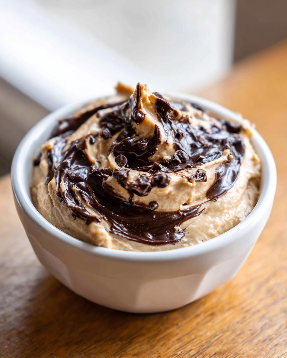 Close-up of a creamy peanut butter dip topped with melted chocolate swirl and mini chocolate chips in a white bowl.