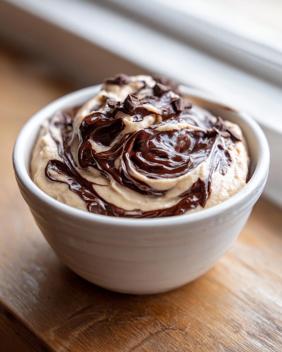 Close-up of a creamy peanut butter dip swirled with rich chocolate sauce and topped with chocolate chips.