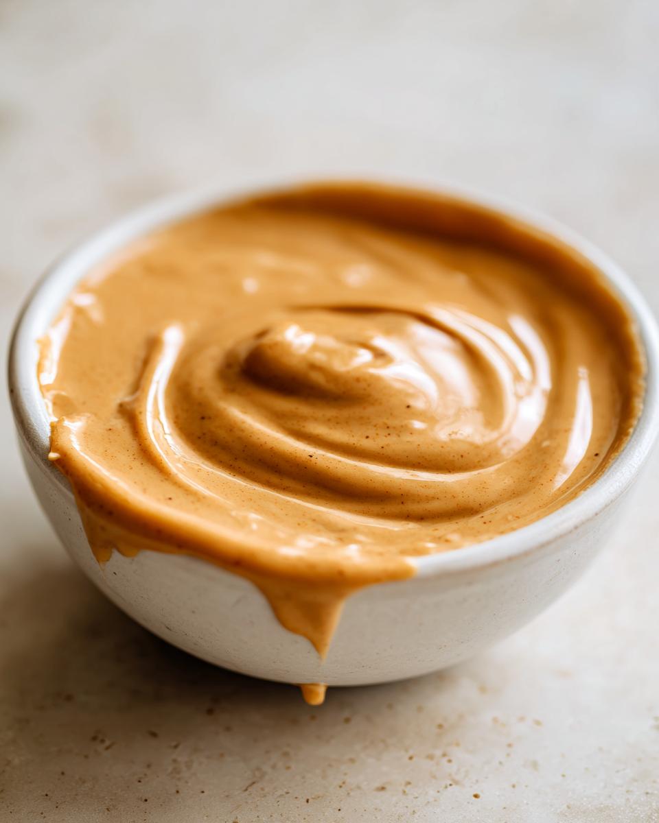Close-up of thick, creamy peanut sauce swirled in a small white bowl, dripping slightly down the side.
