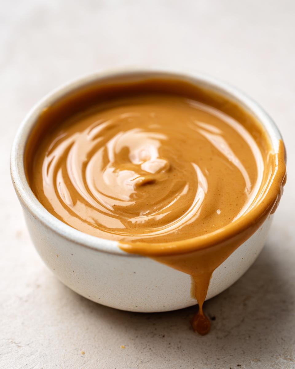 Close-up of rich, creamy peanut sauce swirling in a small white bowl, with a drip running down the side.