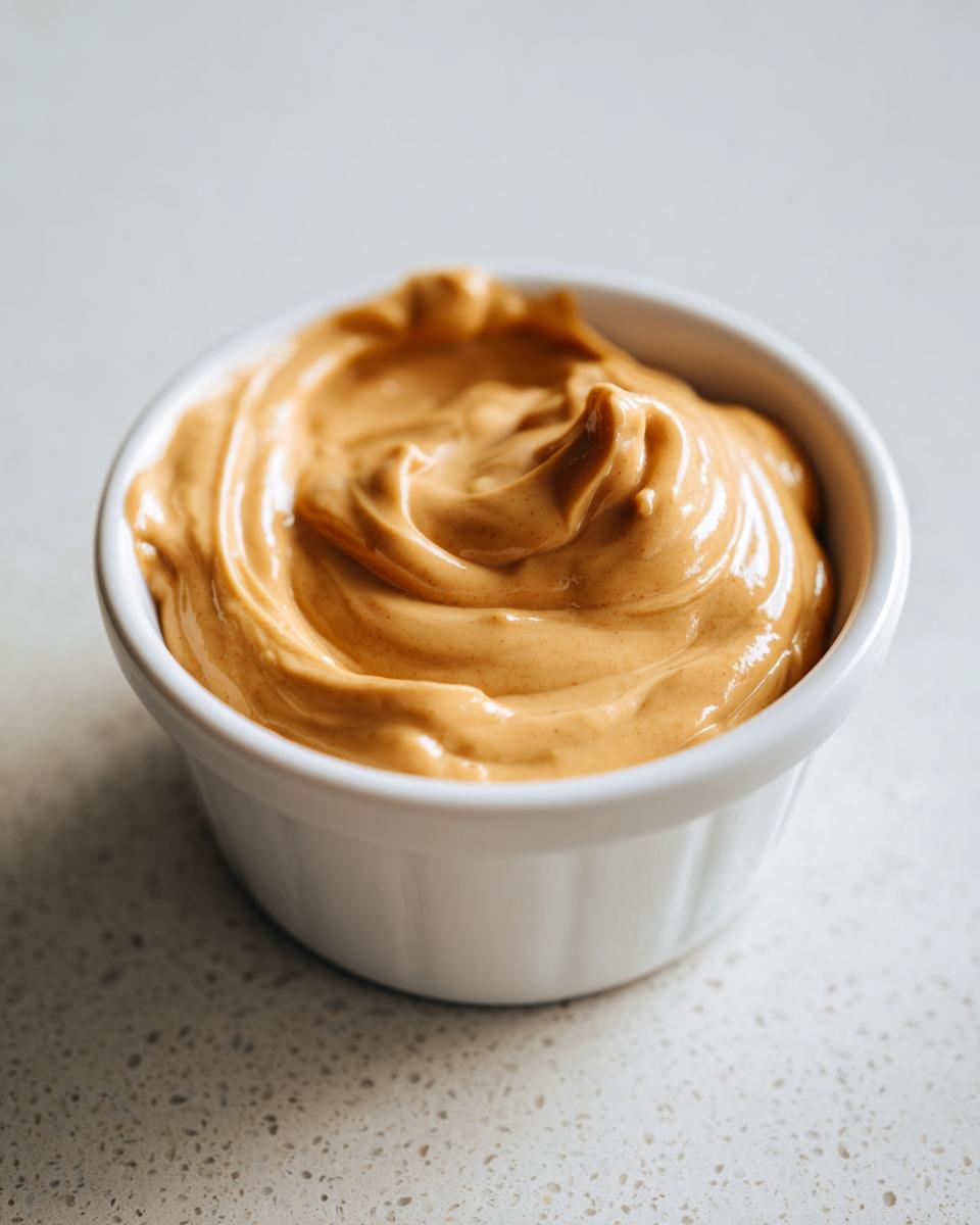 Close-up of thick, creamy peanut sauce swirled beautifully in a small white ramekin.