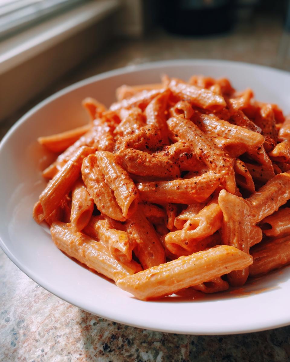 A close-up of penne pasta coated thoroughly in a rich, creamy pink sauce pasta, served in a white bowl.