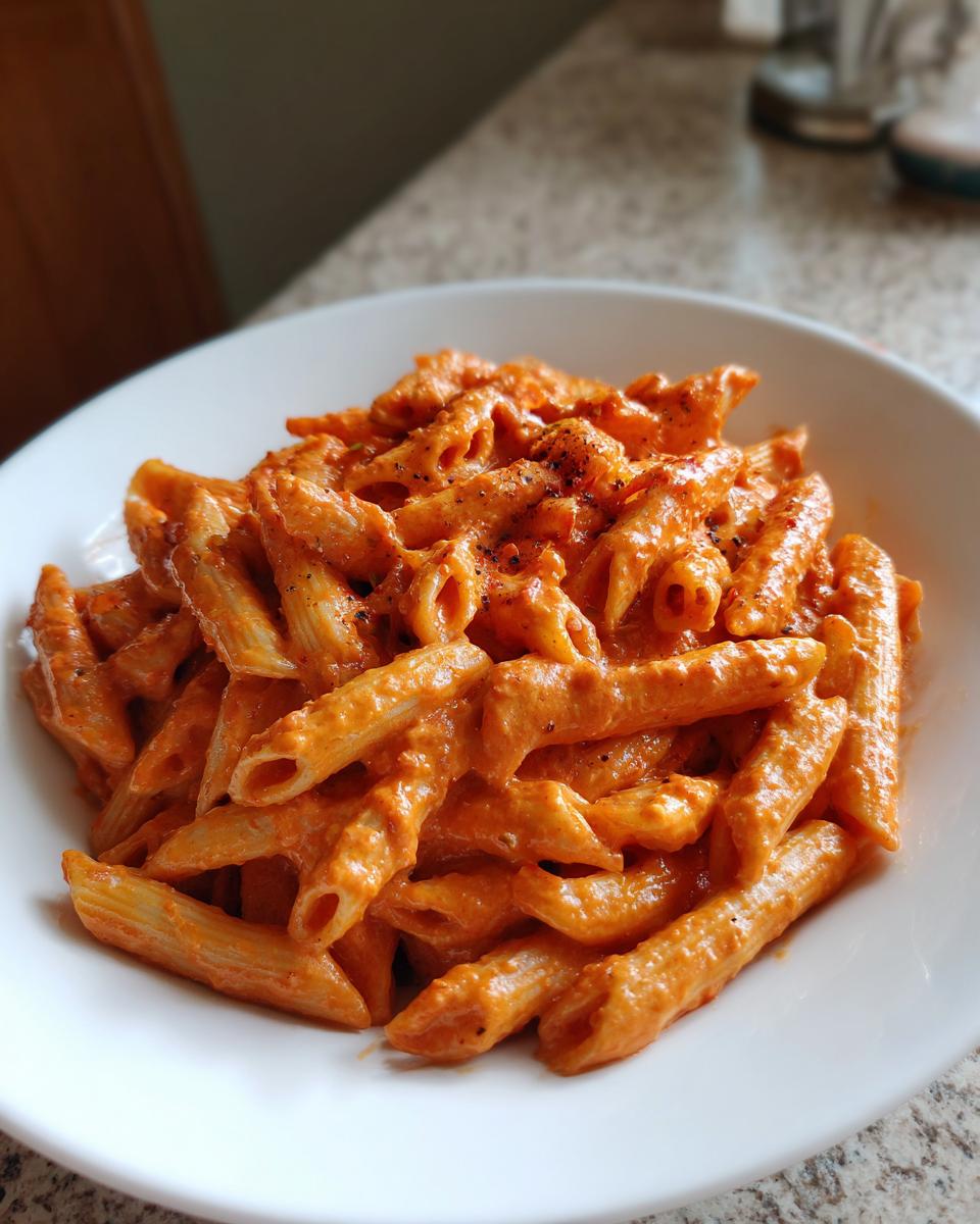 A close-up of penne pasta generously coated in vibrant pink sauce pasta, served in a white bowl.