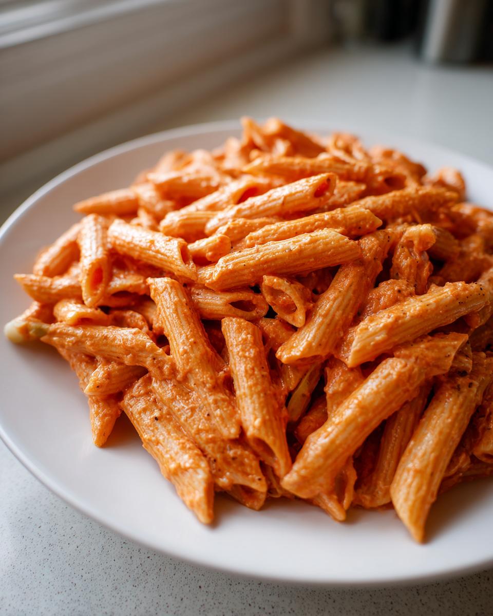A close-up of penne pasta generously coated in a creamy, orange-pink sauce, served on a white plate.