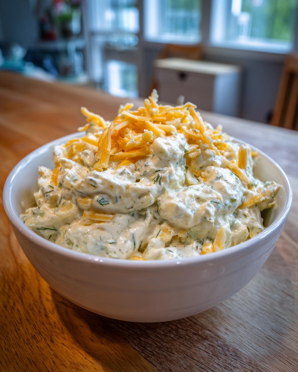 A white bowl filled with creamy homemade pickle dip, mixed with herbs and topped with shredded cheddar cheese.