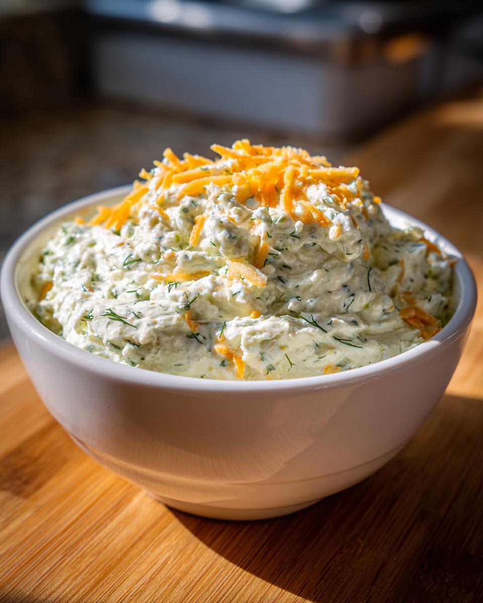 A white bowl filled with creamy, herbed pickle dip, topped generously with shredded cheddar cheese.