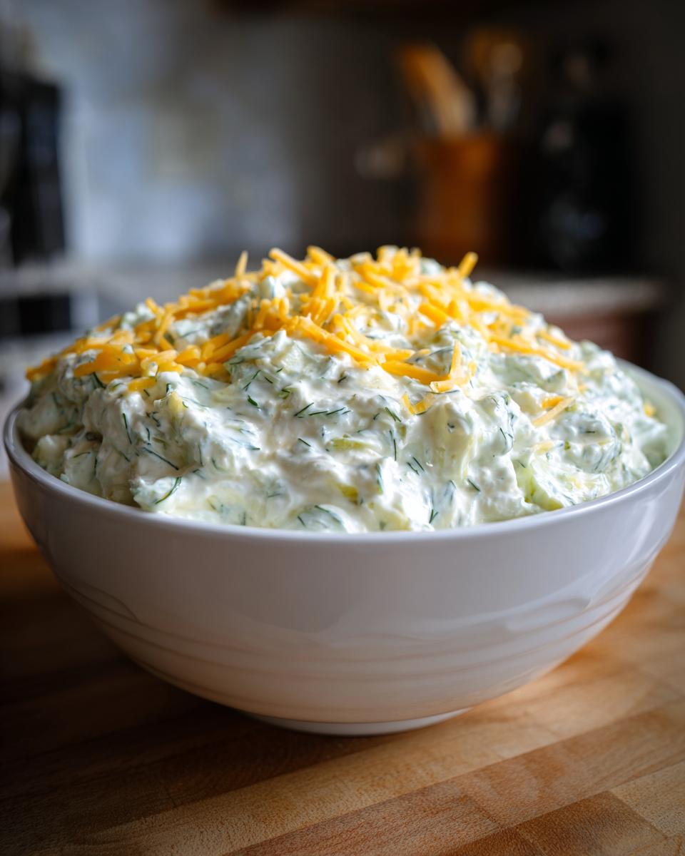 A large white bowl filled with creamy pickle dip, topped generously with shredded cheddar cheese.