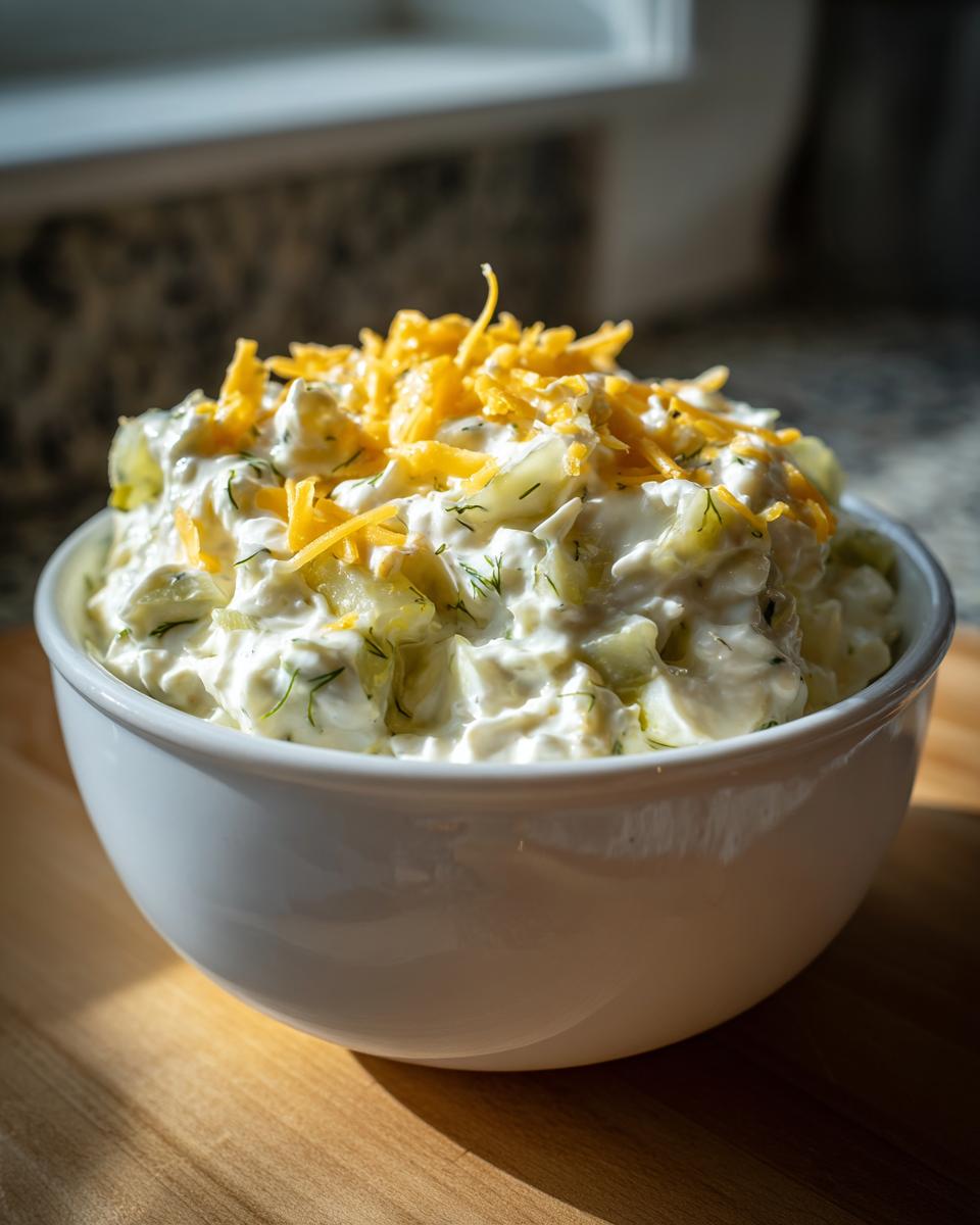 A white bowl filled with creamy pickle dip, studded with chopped pickles and dill, topped with shredded cheddar cheese.