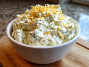 A white bowl filled with creamy, dill-flecked pickle dip, topped with shredded cheddar cheese.