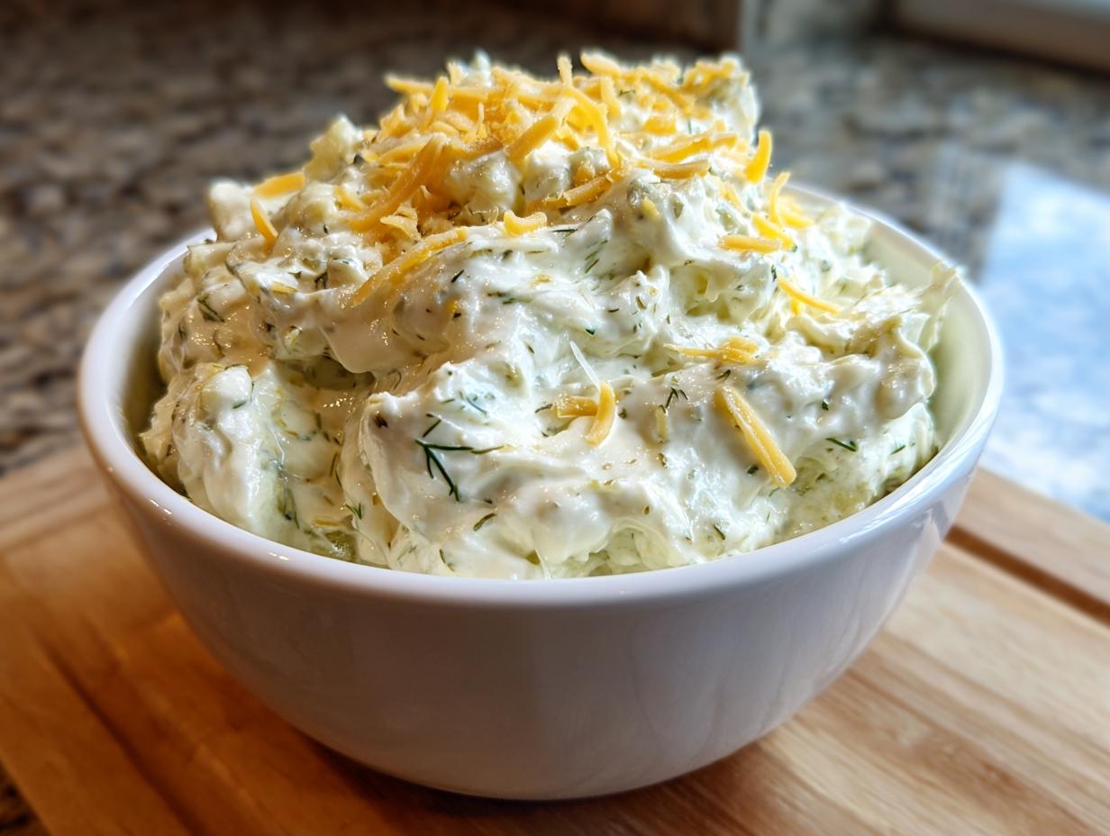 A white bowl filled with creamy, dill-flecked pickle dip, topped with shredded cheddar cheese.