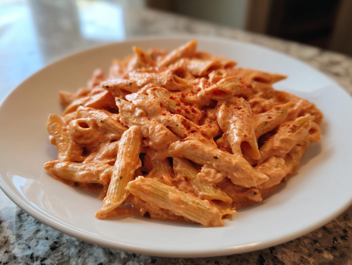 Close-up of penne pasta generously coated in creamy pink sauce, garnished with red pepper flakes.