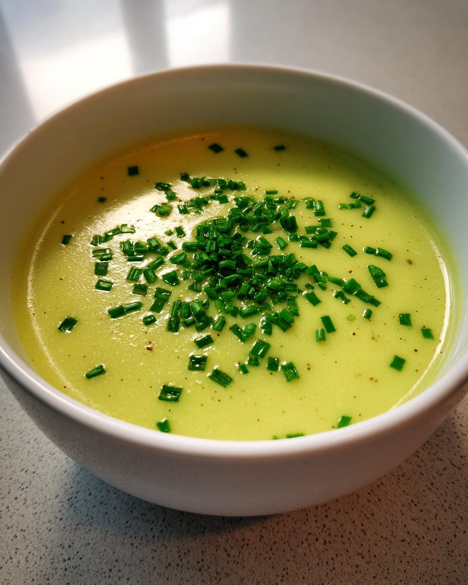 Close-up of a bowl of creamy, pale green potato leek soup topped generously with fresh, chopped chives.