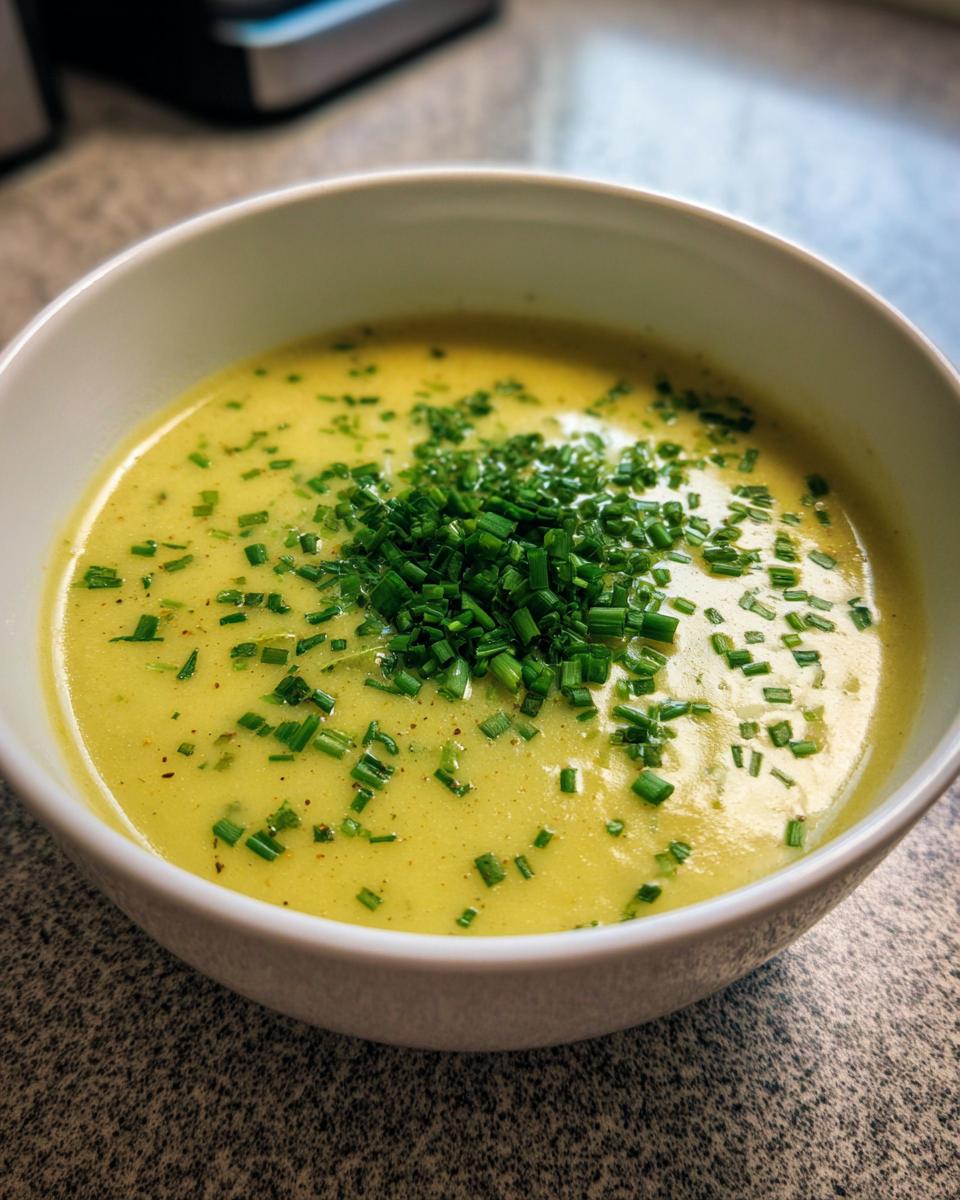 A close-up of a bowl of creamy yellow potato leek soup garnished generously with freshly chopped green chives.