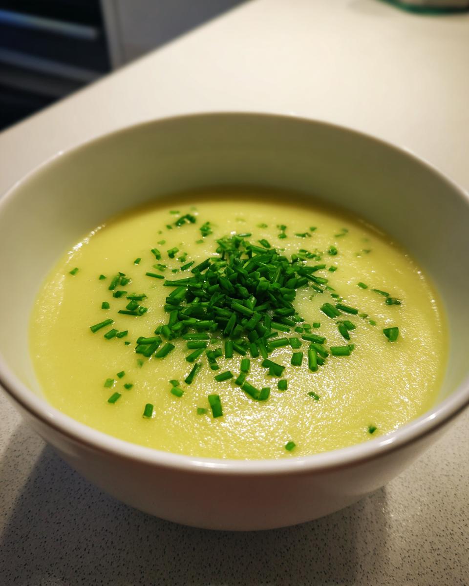 A close-up of creamy potato leek soup in a white bowl, garnished generously with freshly chopped chives.