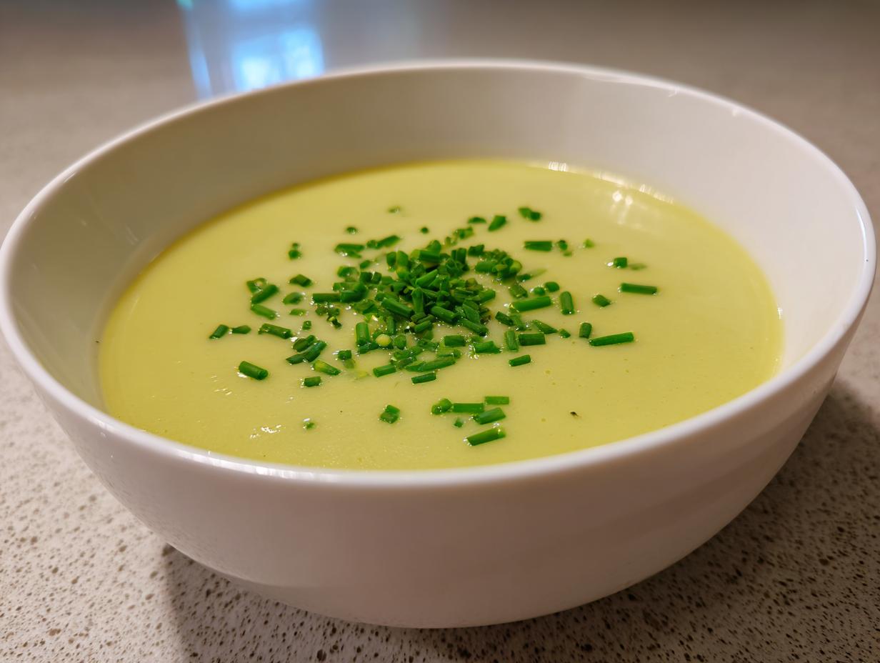 A close-up of a bowl of creamy, pale yellow potato leek soup topped with freshly chopped green chives.