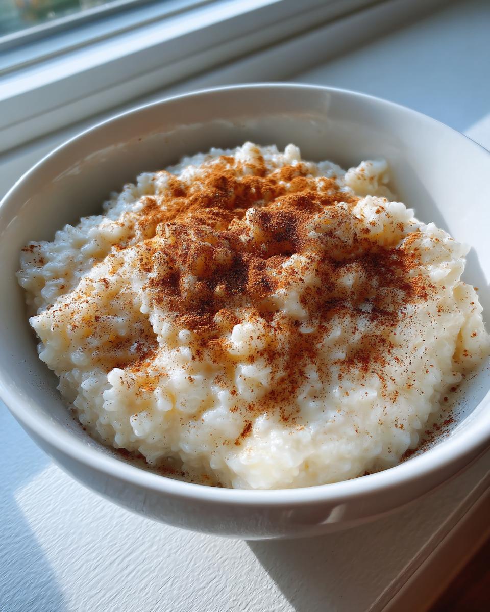 Close-up of creamy rice pudding in a white bowl, generously topped with ground cinnamon.