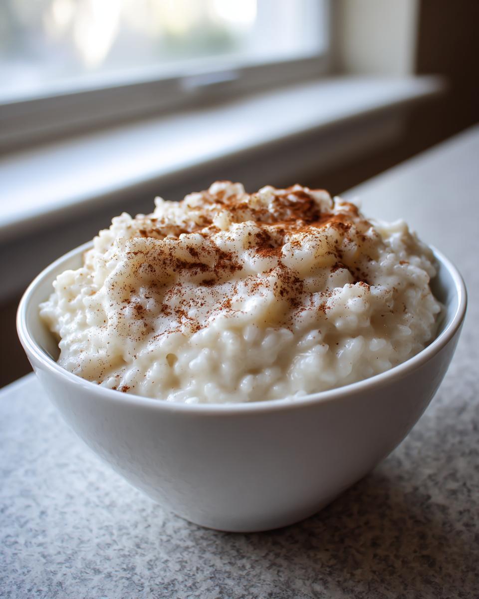A close-up of creamy rice pudding in a white bowl, generously sprinkled with cinnamon.
