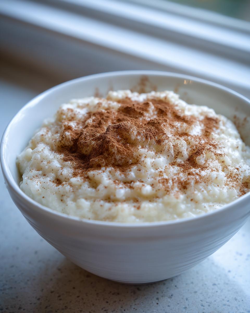 A close-up of creamy rice pudding in a white bowl, generously dusted with ground cinnamon.