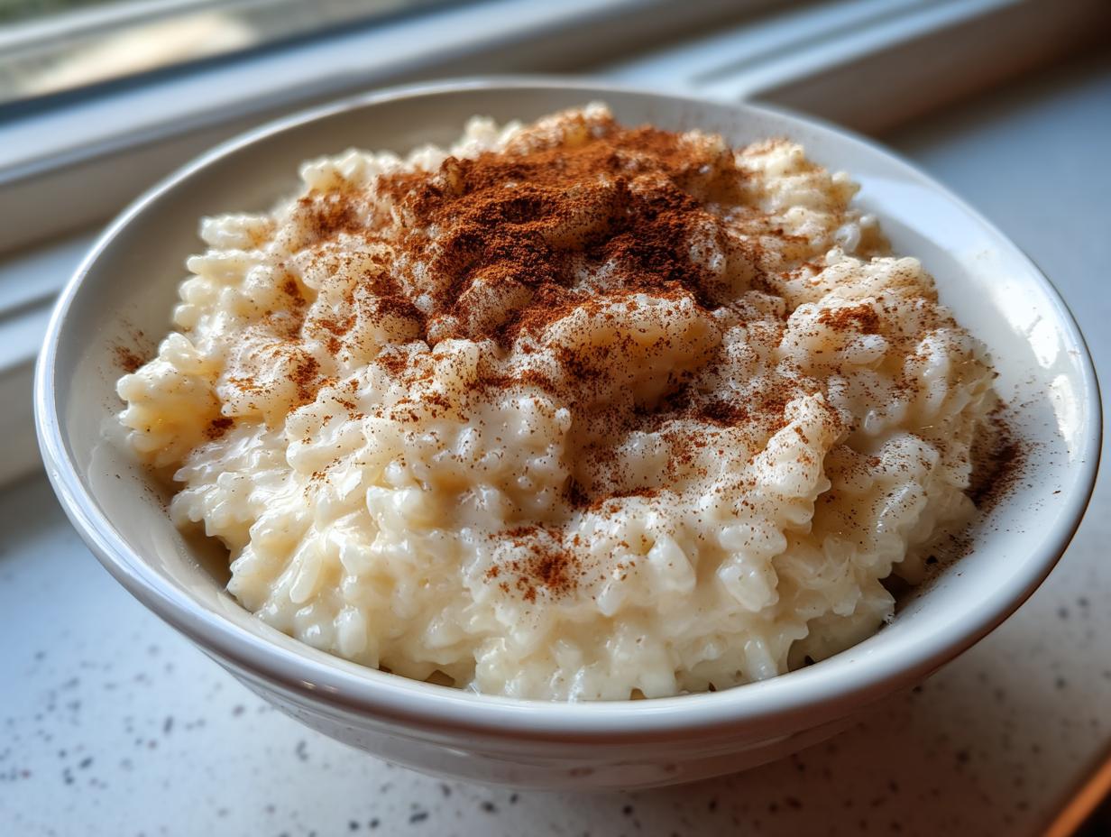 Close-up of a bowl of creamy rice pudding generously topped with ground cinnamon.