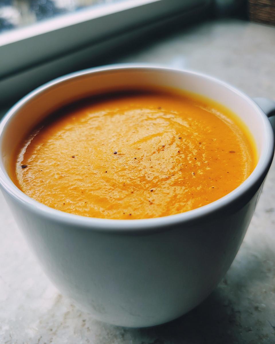 Close-up of creamy, vibrant orange roasted butternut squash soup served in a white mug.