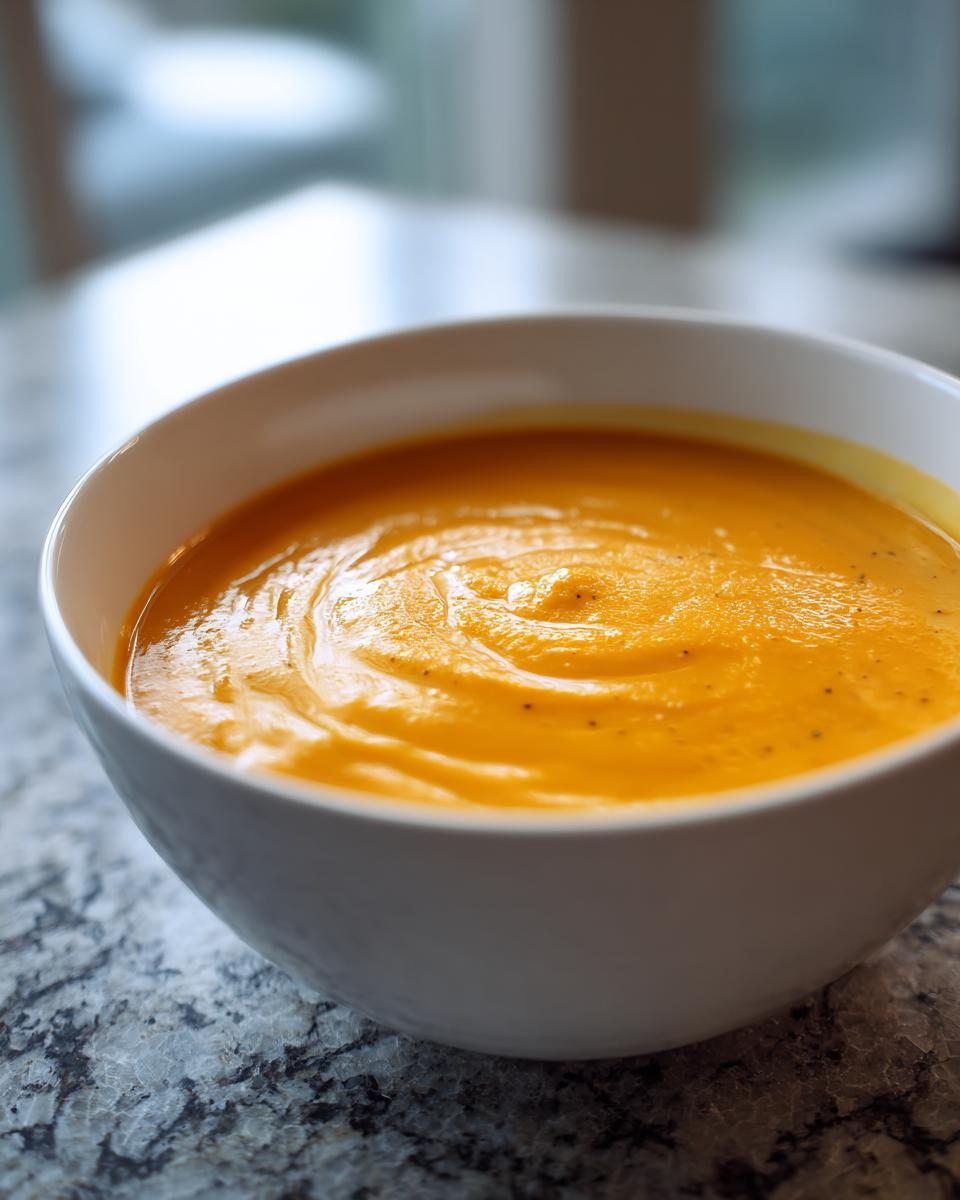 Close-up of a bowl of vibrant orange roasted butternut squash soup, showing a smooth texture with pepper flecks.
