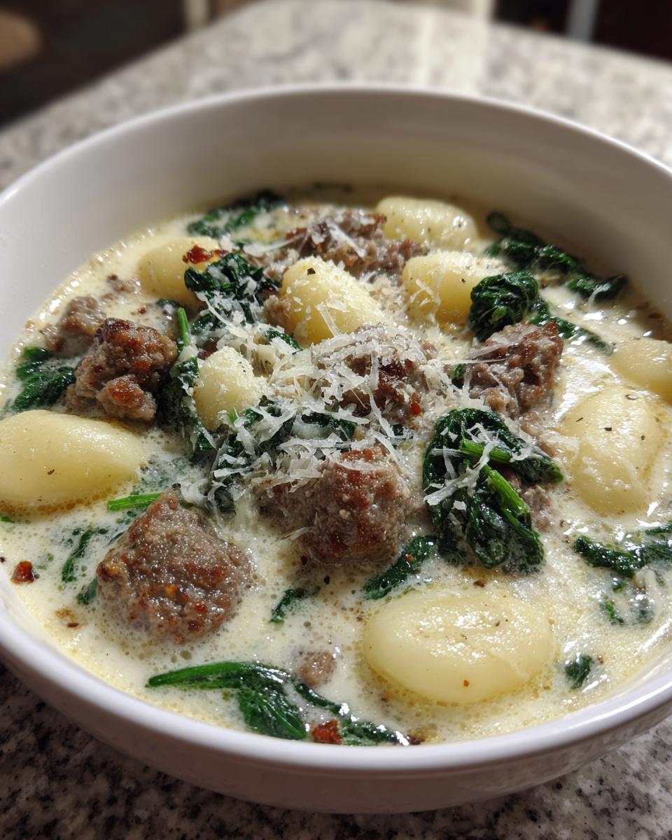 A close-up of a white bowl filled with creamy sausage gnocchi soup, featuring browned sausage, wilted spinach, and grated Parmesan cheese.