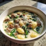 A close-up of a hearty bowl of creamy sausage gnocchi soup topped with grated parmesan cheese and spinach.