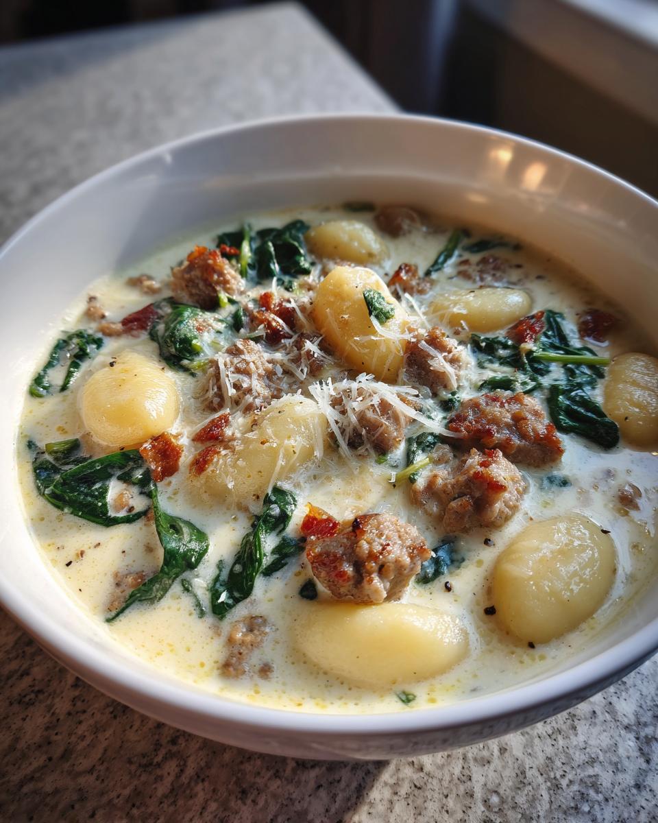 Close-up of a hearty bowl of creamy sausage gnocchi soup with spinach and grated Parmesan cheese.