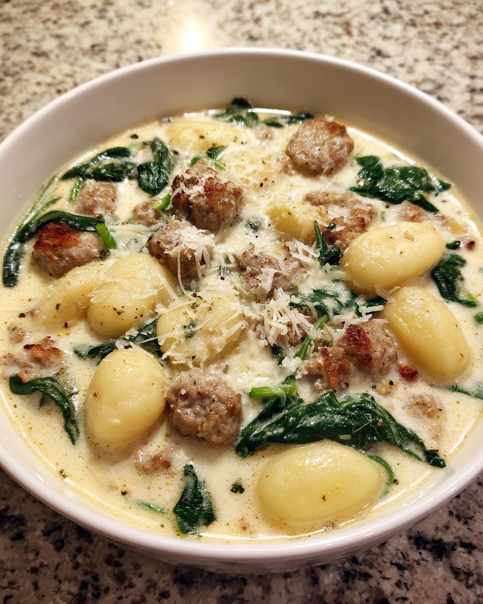 A close-up of a hearty bowl of creamy sausage gnocchi soup, featuring tender gnocchi, browned sausage pieces, and wilted spinach.