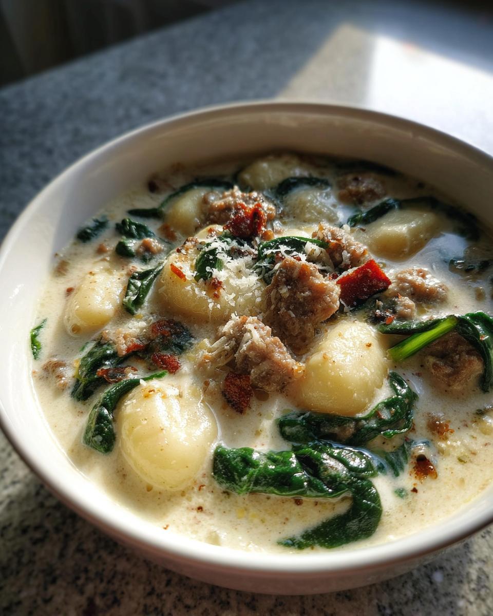 Close-up of a bowl of creamy sausage gnocchi soup with wilted spinach and grated Parmesan cheese.