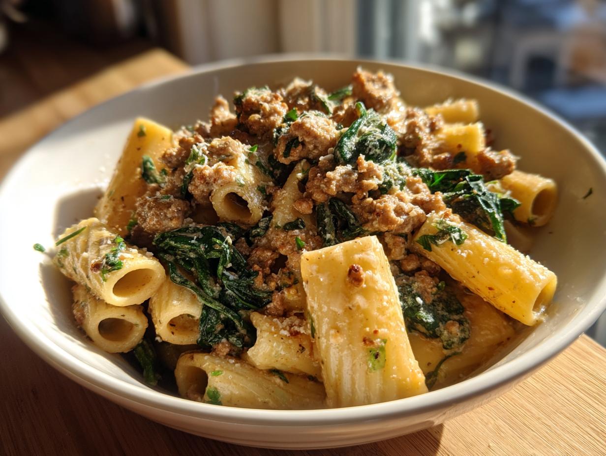 A close-up shot of a bowl filled with creamy sausage pasta featuring rigatoni, crumbled sausage, and wilted spinach.