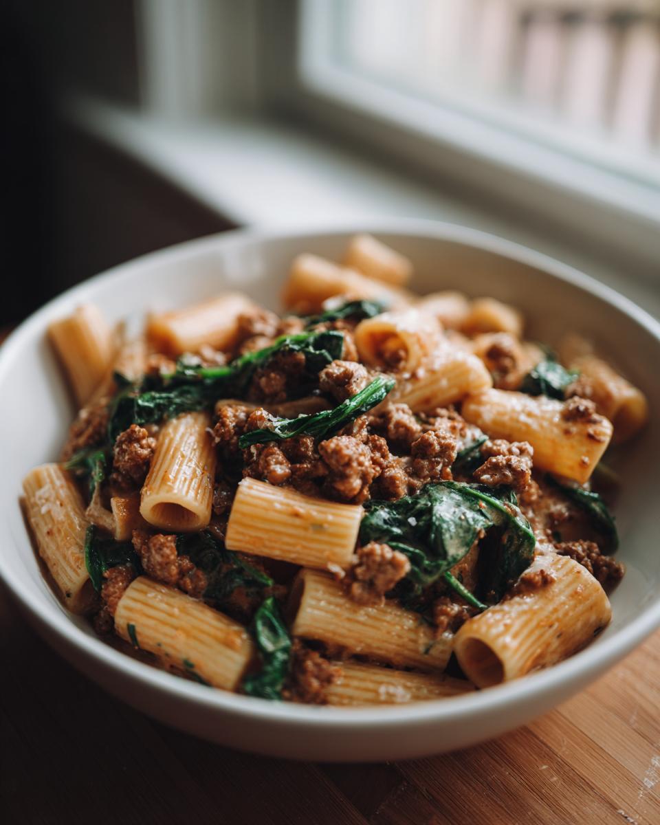 A white bowl filled with rigatoni sausage pasta mixed with wilted spinach, served on a wooden surface.