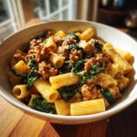 A white bowl filled with creamy sausage pasta, rigatoni noodles, and wilted spinach, ready to eat.