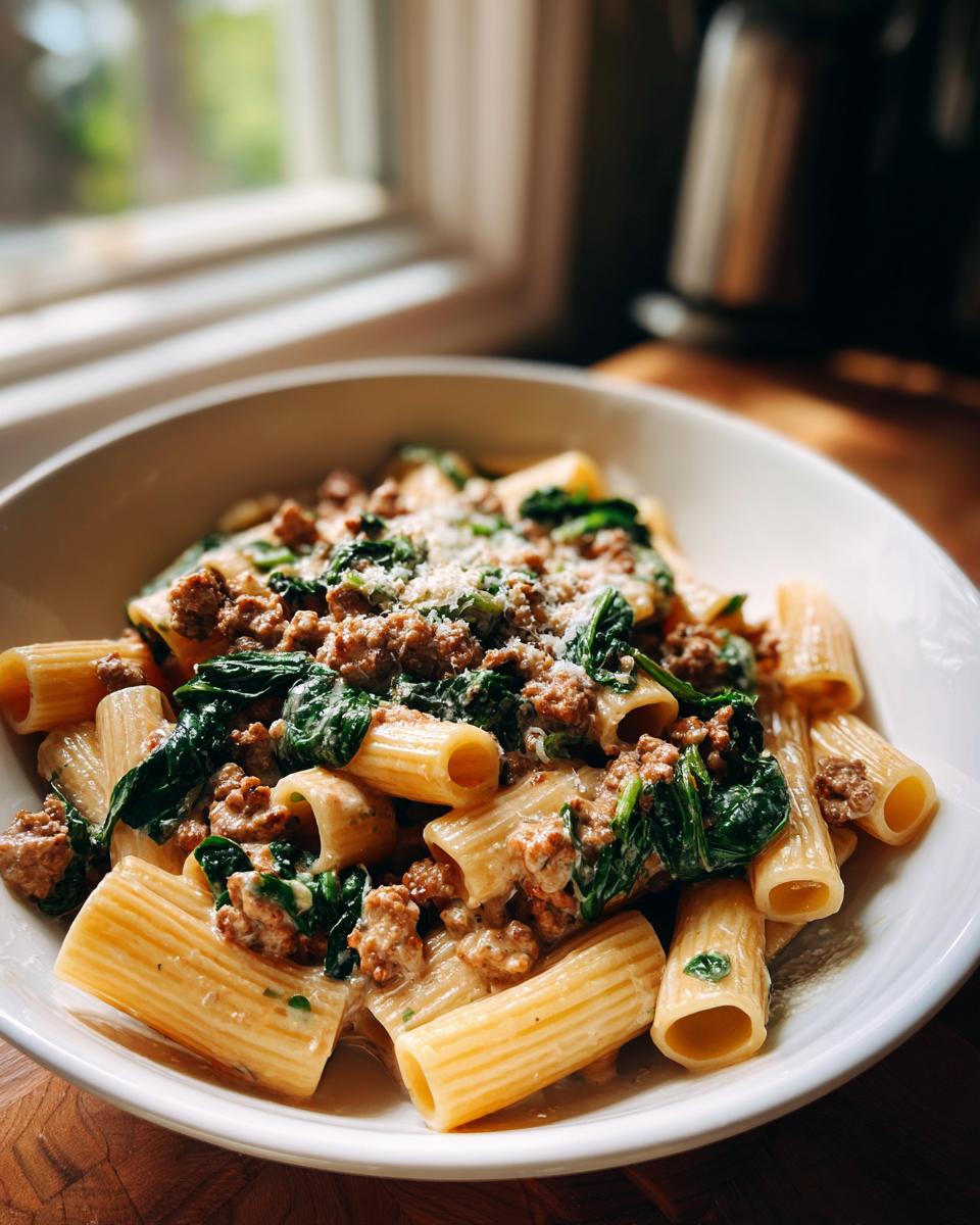 A close-up of creamy sausage pasta mixed with wilted spinach, topped with grated cheese, served in a white bowl.