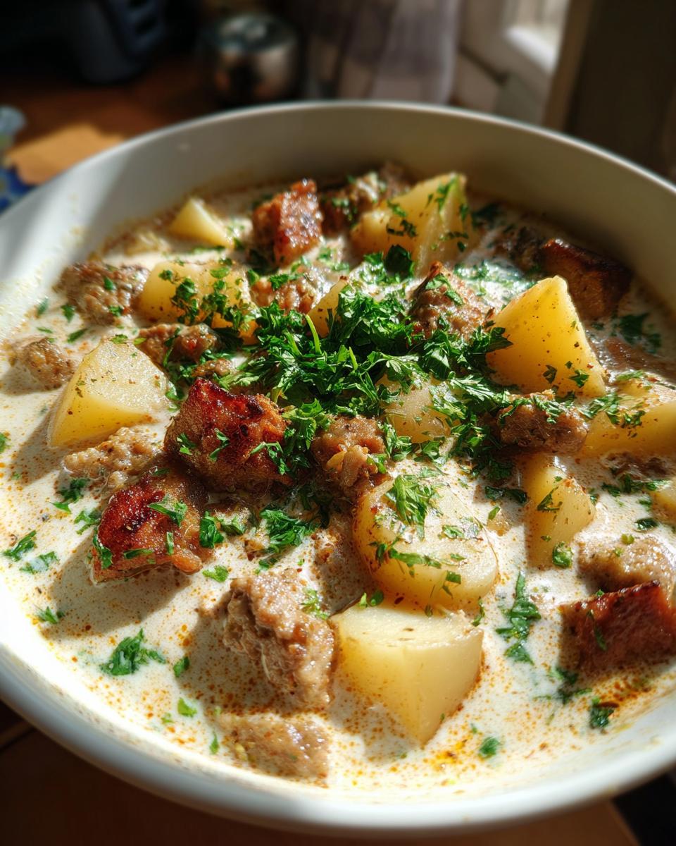 Close-up of a hearty bowl of creamy sausage potato soup, topped with fresh parsley.