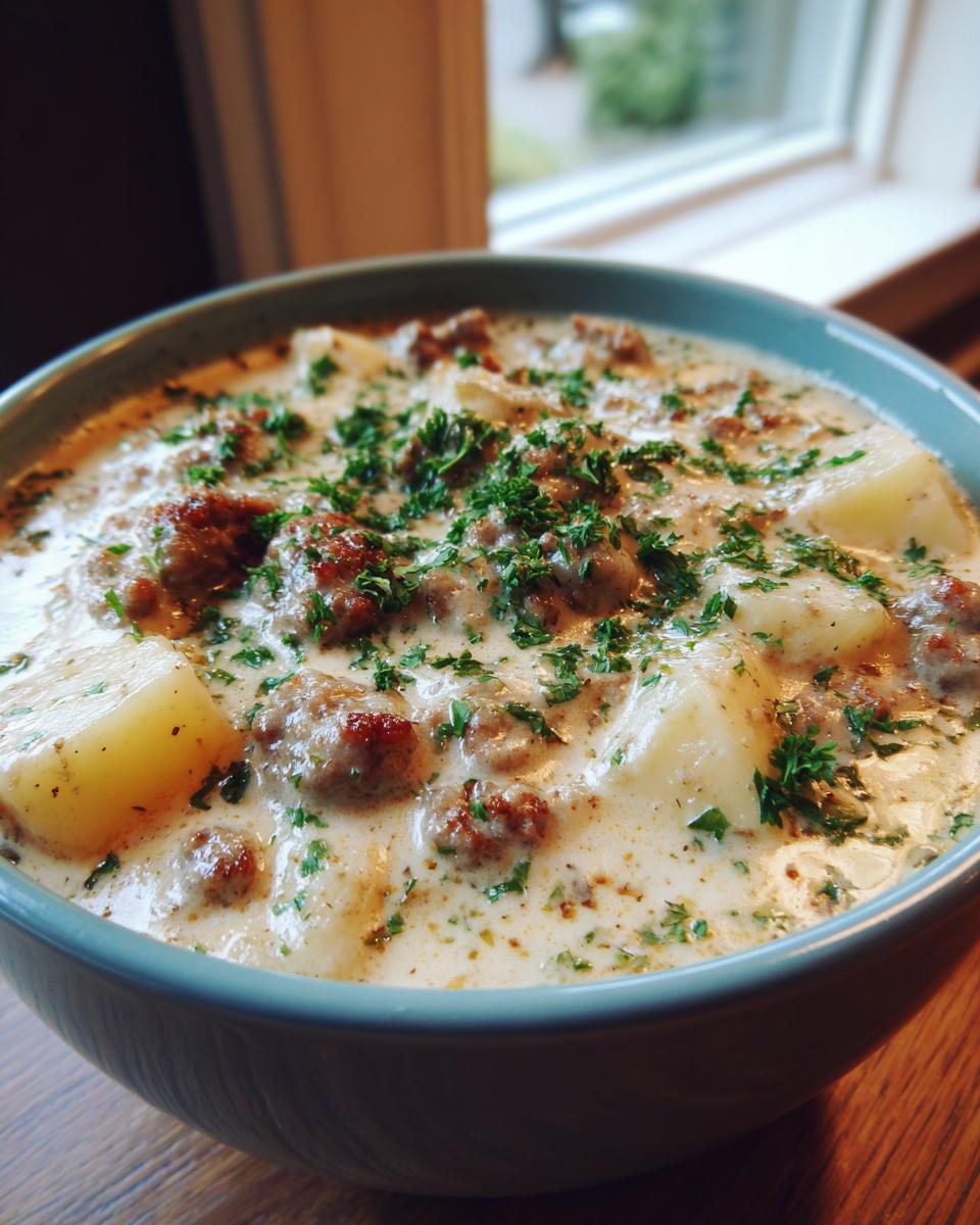 Close-up of a hearty bowl of creamy sausage potato soup topped generously with fresh chopped parsley.