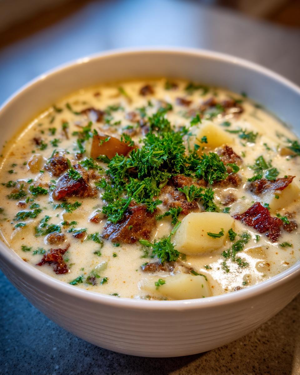 Close-up of a creamy sausage potato soup garnished with fresh parsley and chunks of potato.