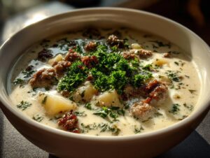 Close-up of a creamy bowl of sausage potato soup topped with browned sausage crumbles and fresh parsley.