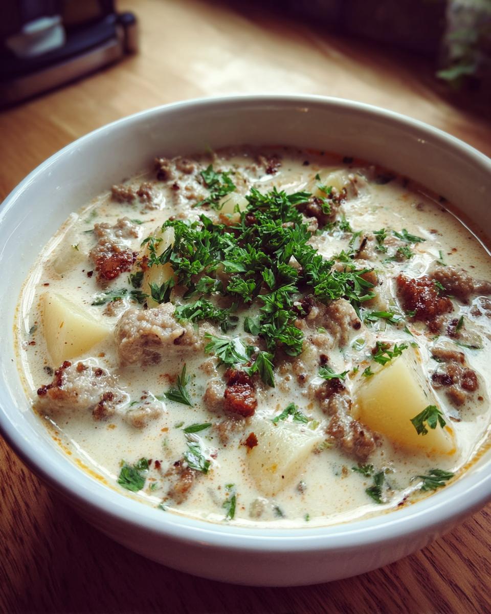 Close-up of a hearty bowl of creamy sausage potato soup topped with fresh parsley.