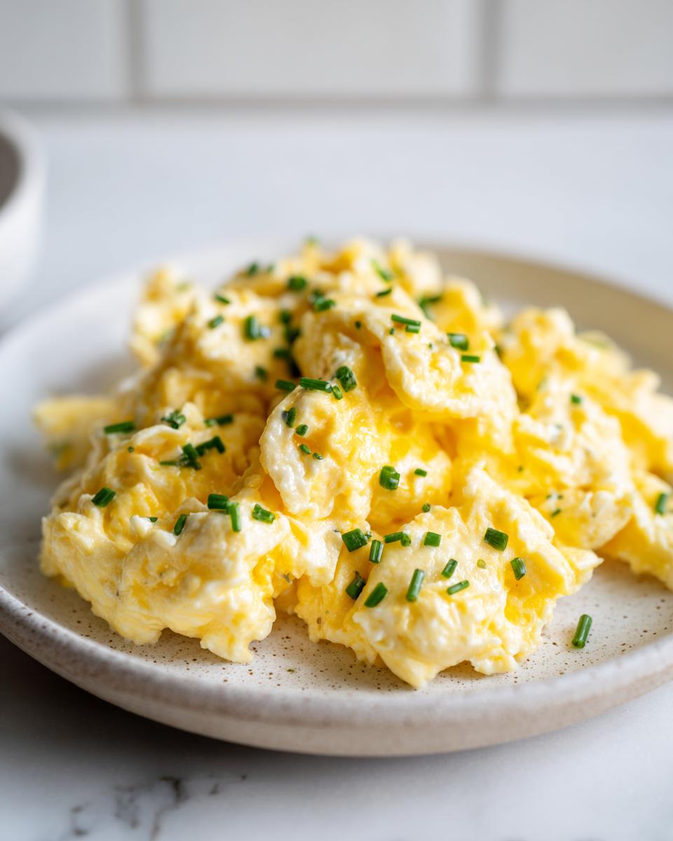 Close-up of creamy, fluffy scrambled eggs garnished with chopped green chives on a speckled white plate.