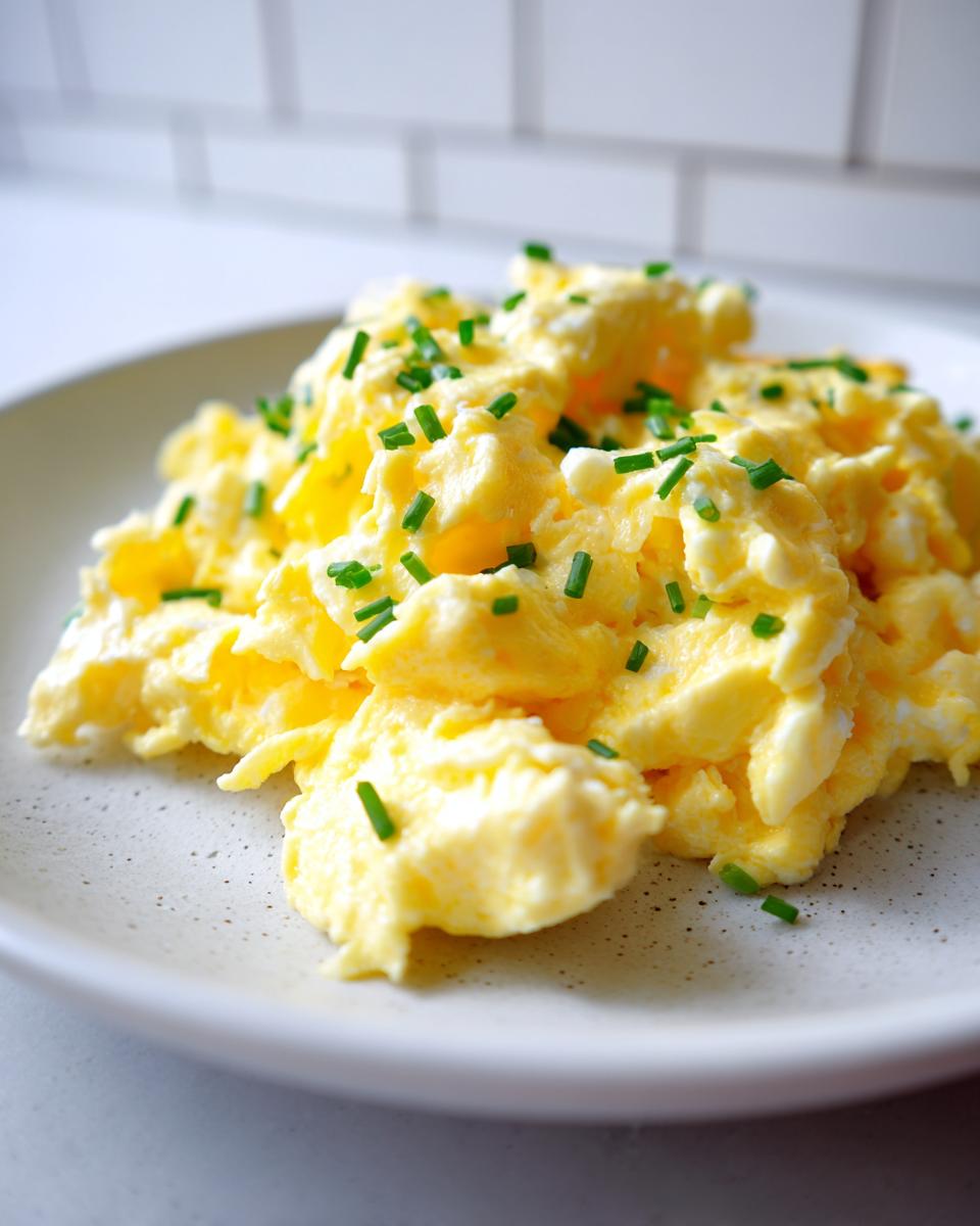 A close-up of fluffy, creamy scrambled eggs garnished with chopped green chives on a speckled white plate.