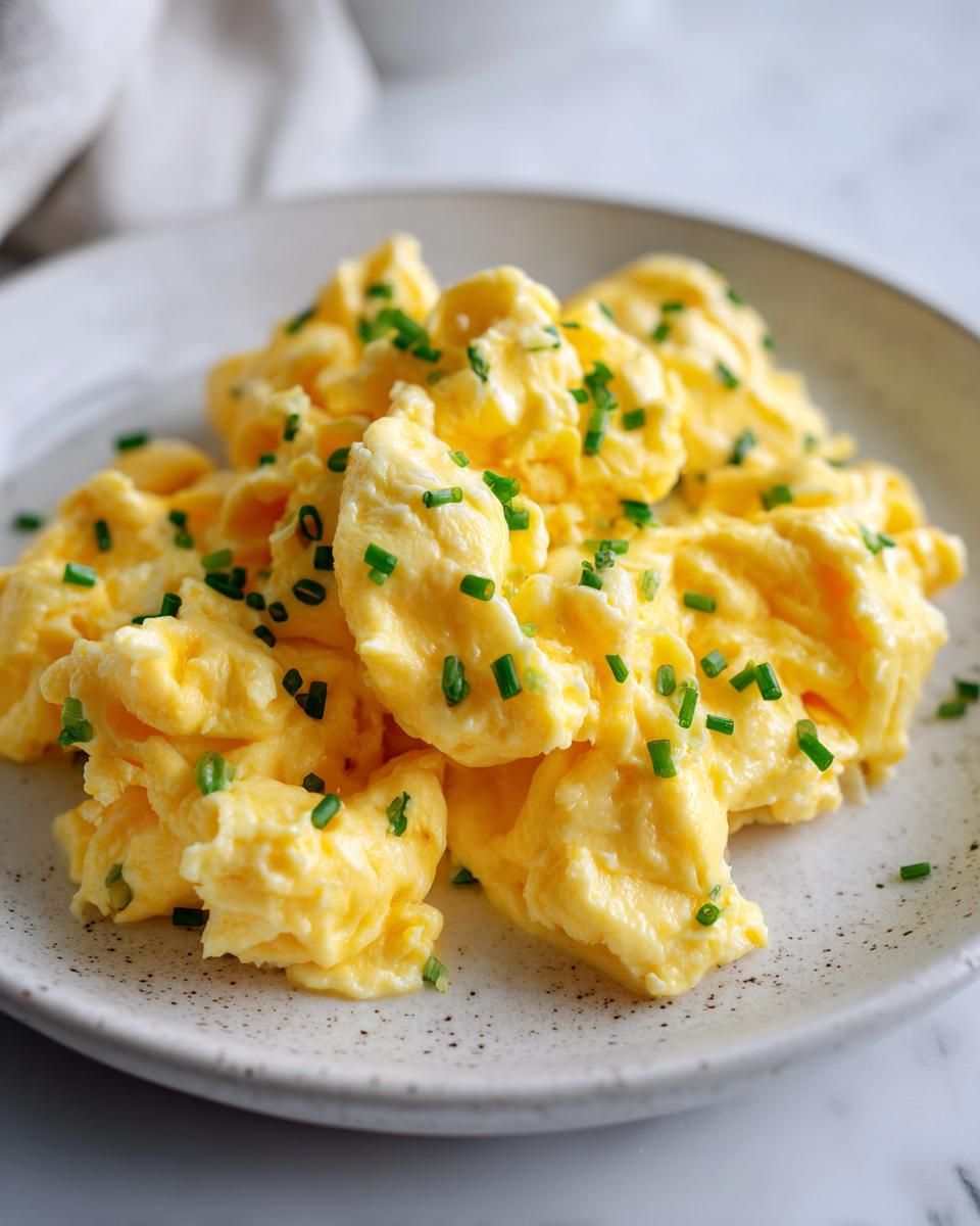 A close-up of perfectly creamy scrambled eggs topped with freshly chopped green chives on a speckled white plate.