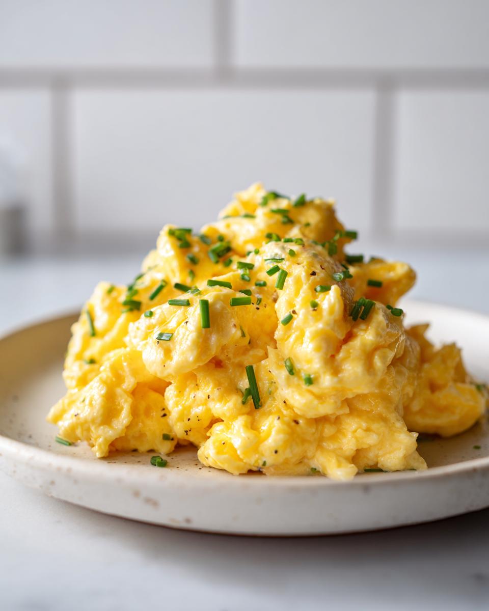 A close-up of fluffy, creamy scrambled eggs topped with fresh chopped chives and black pepper.