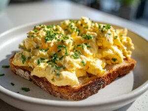 A generous serving of creamy scrambled eggs piled high on a slice of toasted bread, garnished with fresh chives.