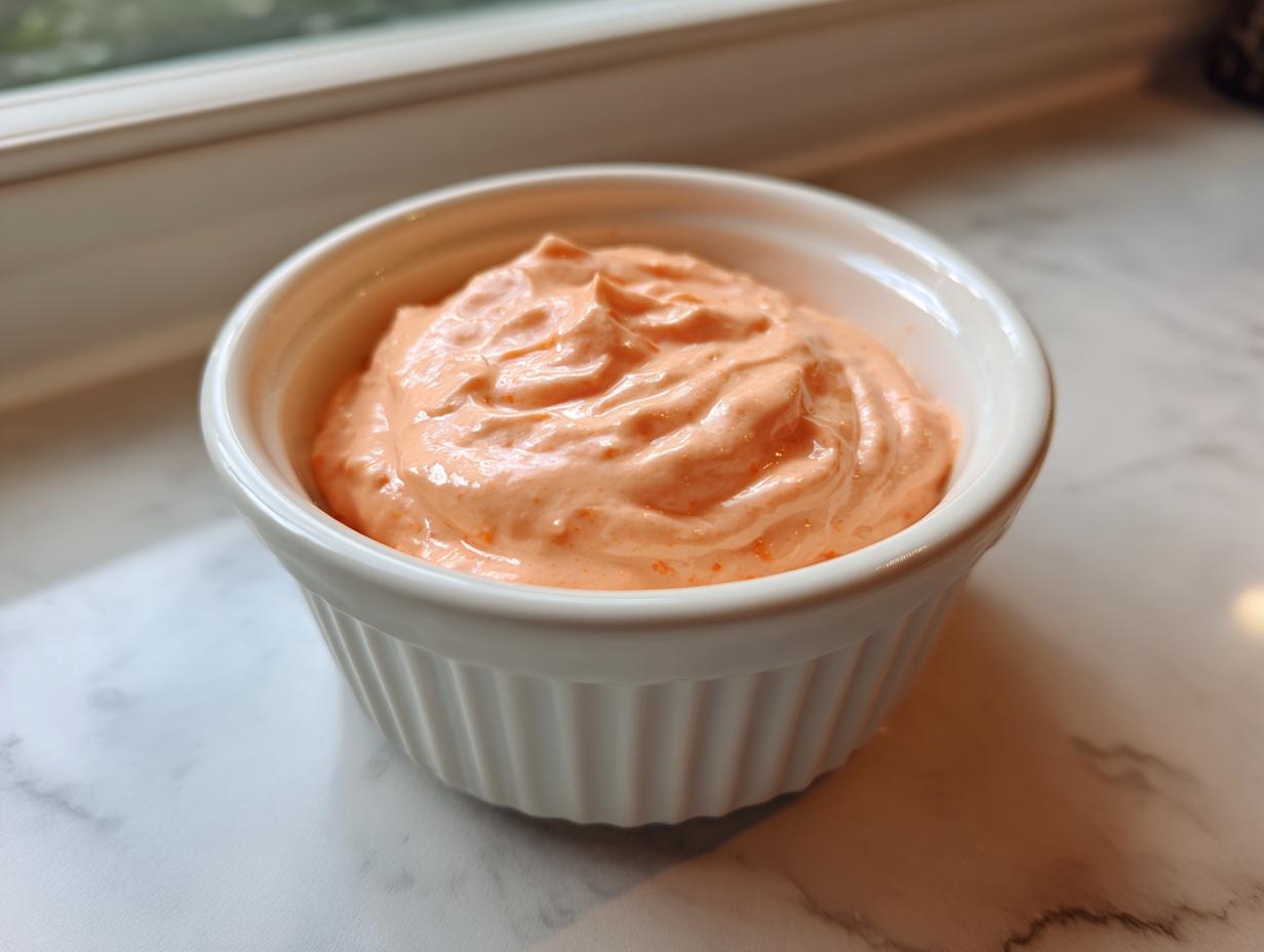 A close-up of creamy, orange-colored smash burger sauce swirled in a small white ramekin.