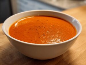 Close-up of a white bowl filled with vibrant orange tomato bisque, lightly seasoned with cracked black pepper.