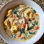 Close-up overhead view of a white bowl filled with creamy tortellini soup featuring shredded chicken, spinach, and diced tomatoes.