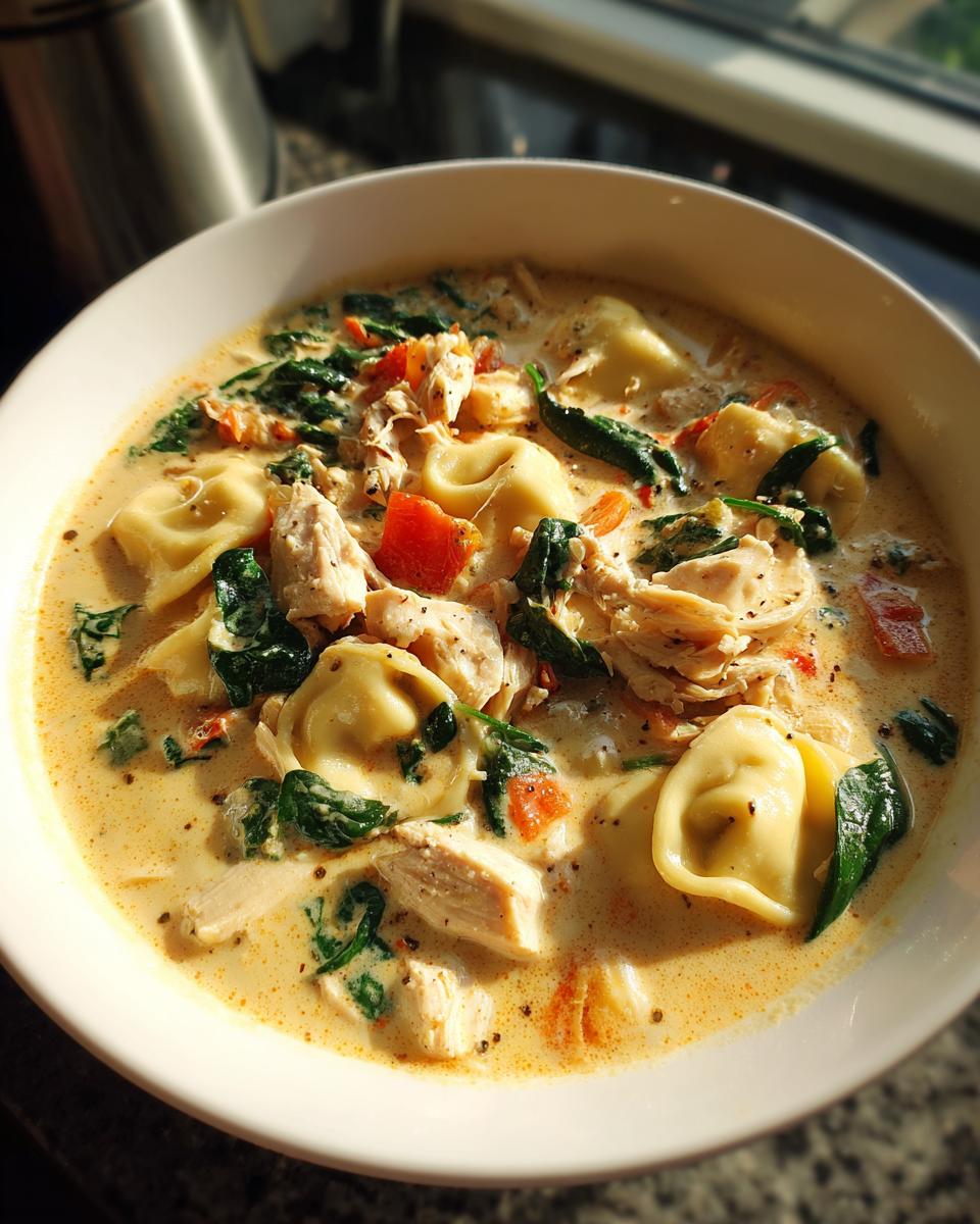 A close-up shot of a white bowl filled with rich, creamy tortellini soup featuring chunks of chicken, wilted spinach, and red peppers.