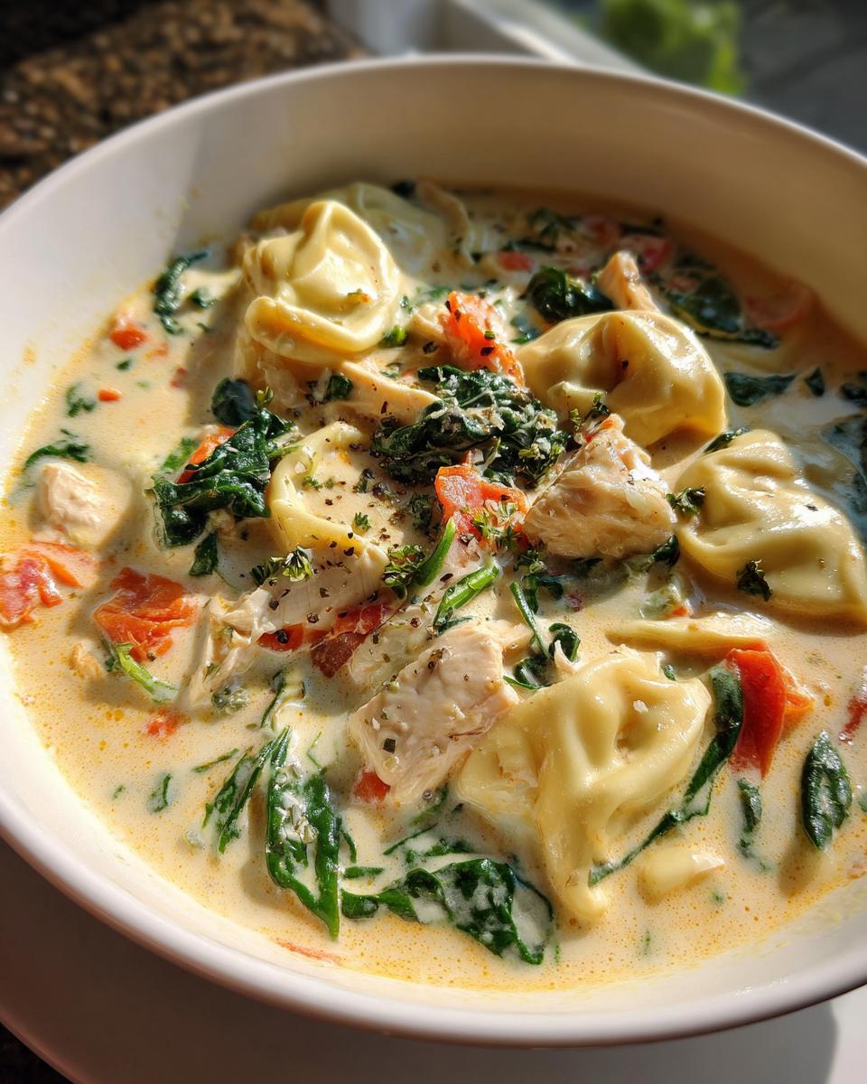 A close-up, appetizing view of a bowl of creamy tortellini soup featuring cheese tortellini, shredded chicken, spinach, and diced tomatoes.