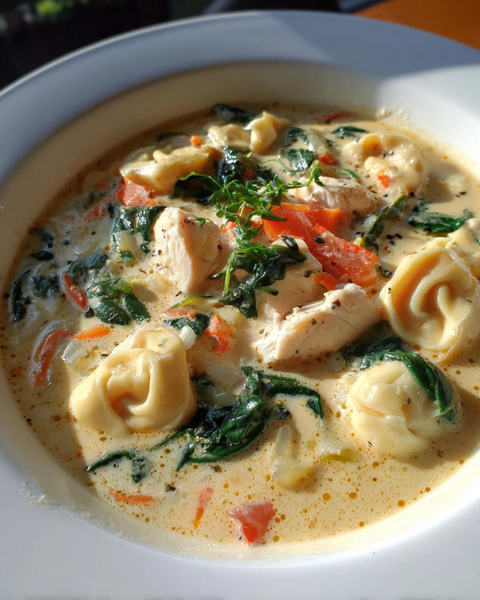 A close-up bowl of rich, creamy tortellini soup featuring chunks of chicken, wilted spinach, carrots, and fresh herbs.